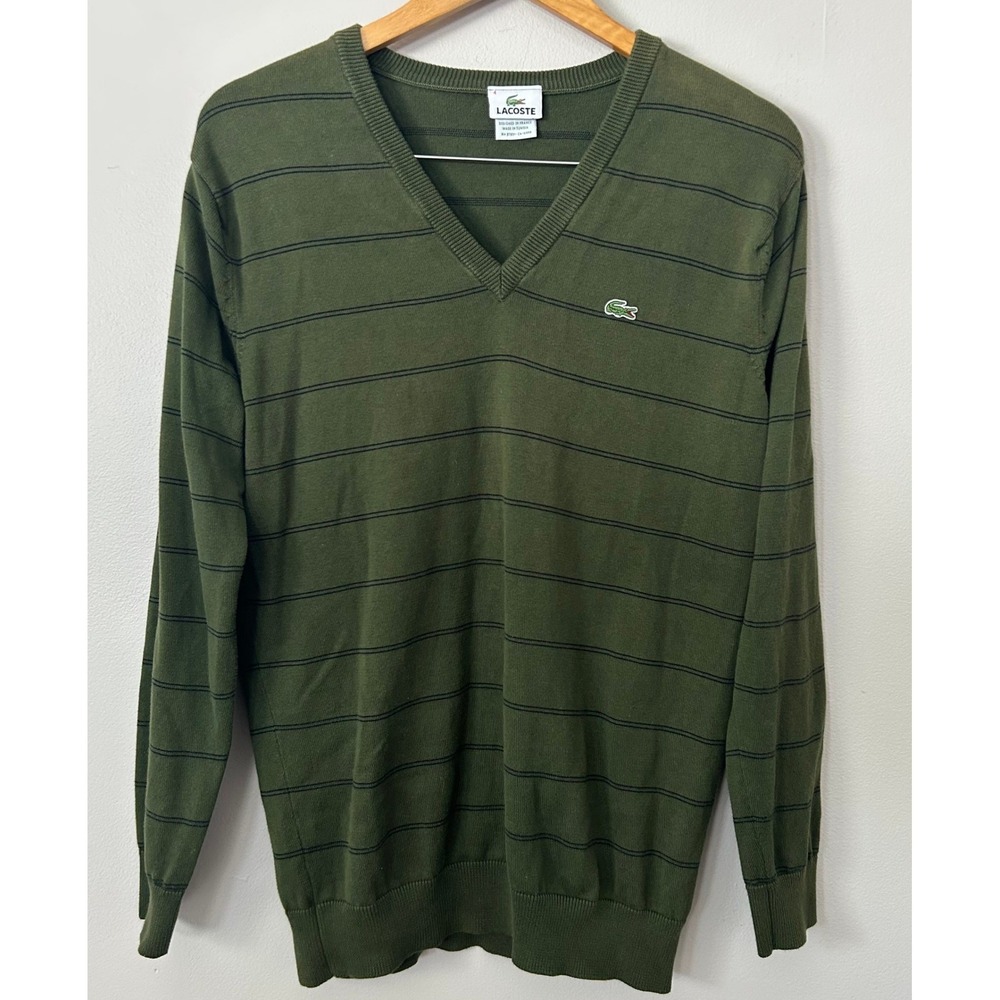 Lacoste Sweater Mens 4 Medium Green Striped V-Neck 100% Cotton Long Sleeve
